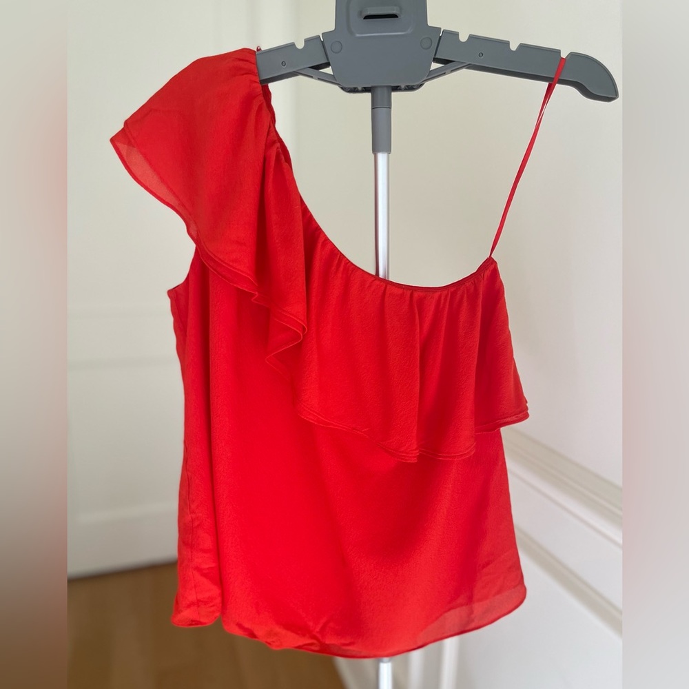 Rebecca Taylor Red Asymmetrical Ruffled Silk Shirt